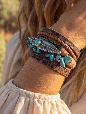 Brown Leather Turquoise Multi-Strand Womens Western Bracelet
